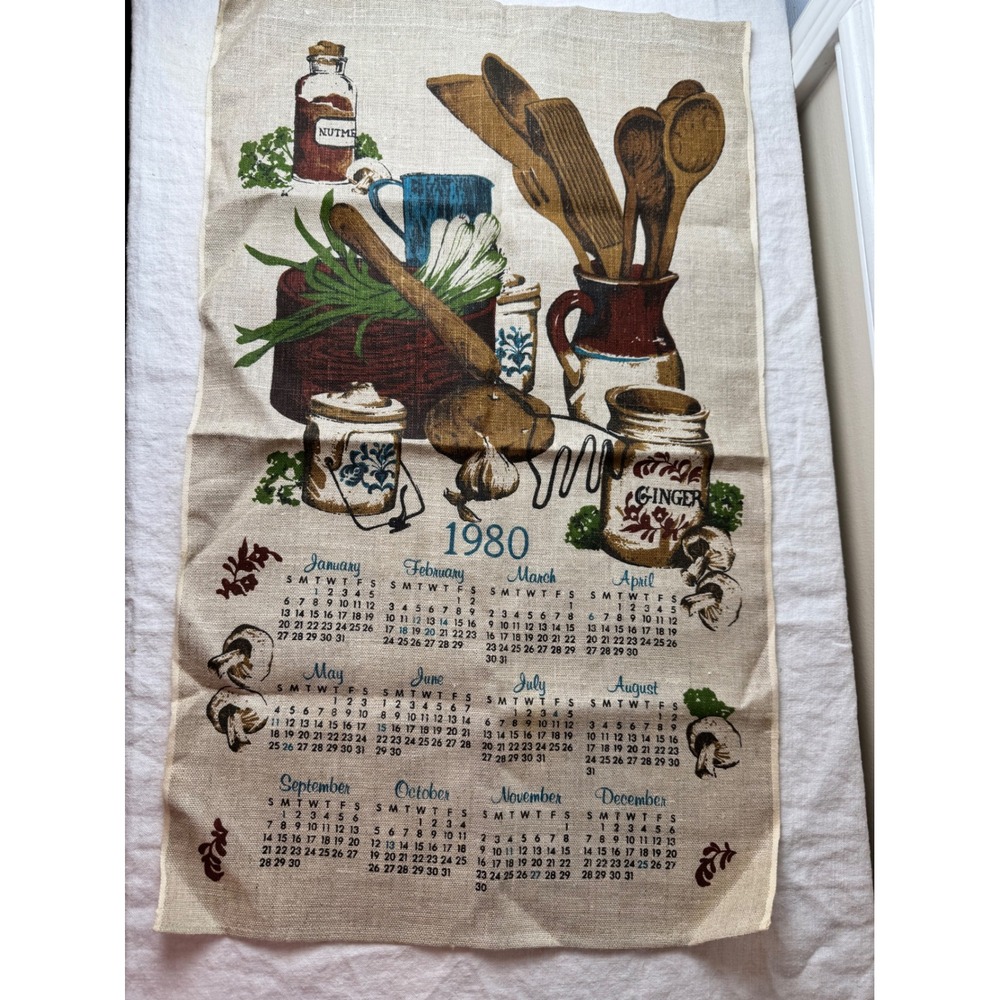 Vintage 1980 Linen Calendar Tea Towel Rustic Kitchen Cottagecore Wall Hanging